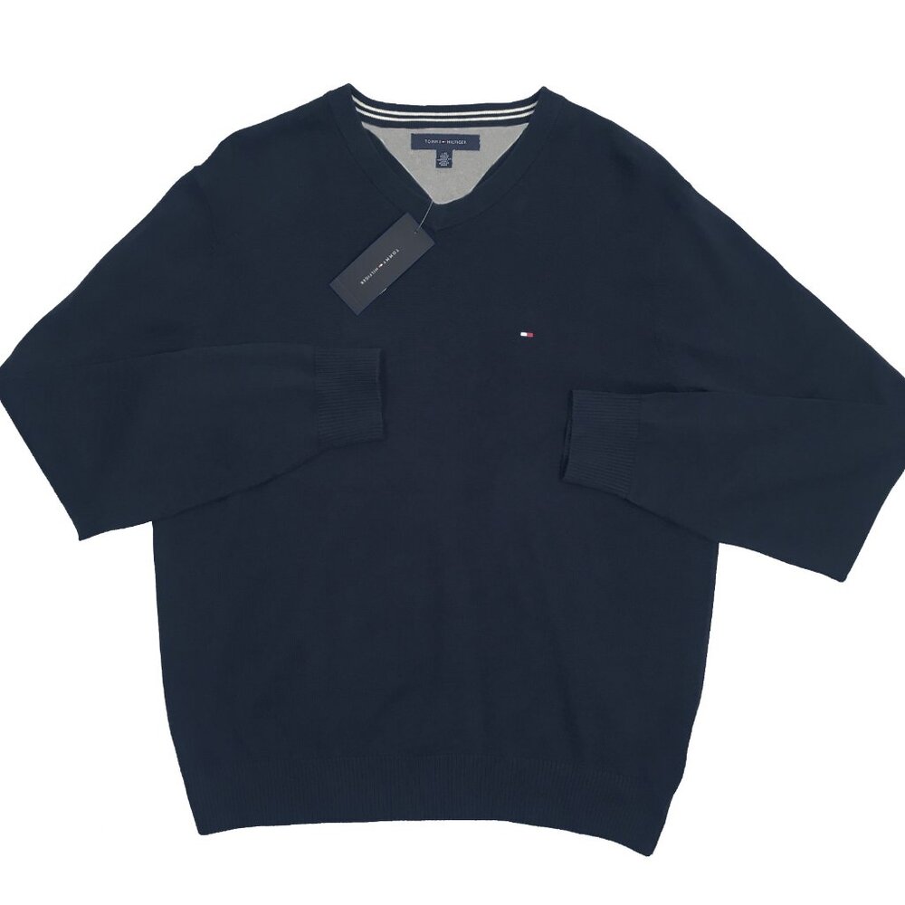 NEW Tommy Hilfiger Sweater!  Dark Navy Blue  V Neck  Tommy Flag on Chest